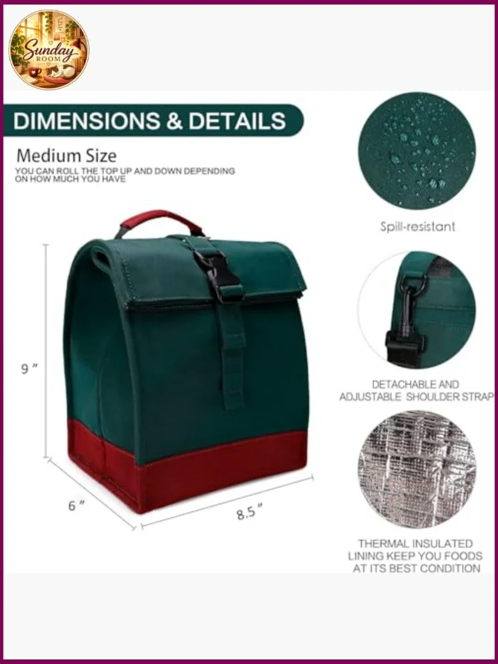 Insulated Rolltop Lunch Bag Tote with Shoulder Strap 8L Capacity